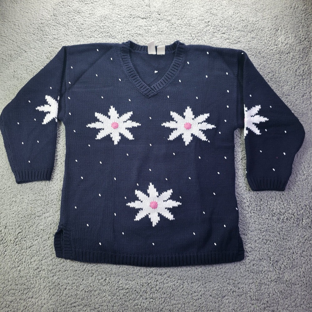 Clifford & Wills Vintage Navy Blue Cotton Snowflake V-Neck Sweater XXL